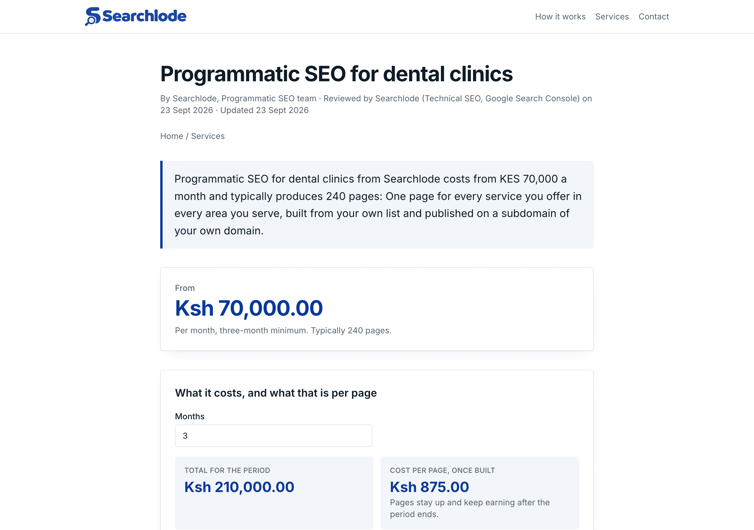 A generated service page: heading, answer, price calculator and table